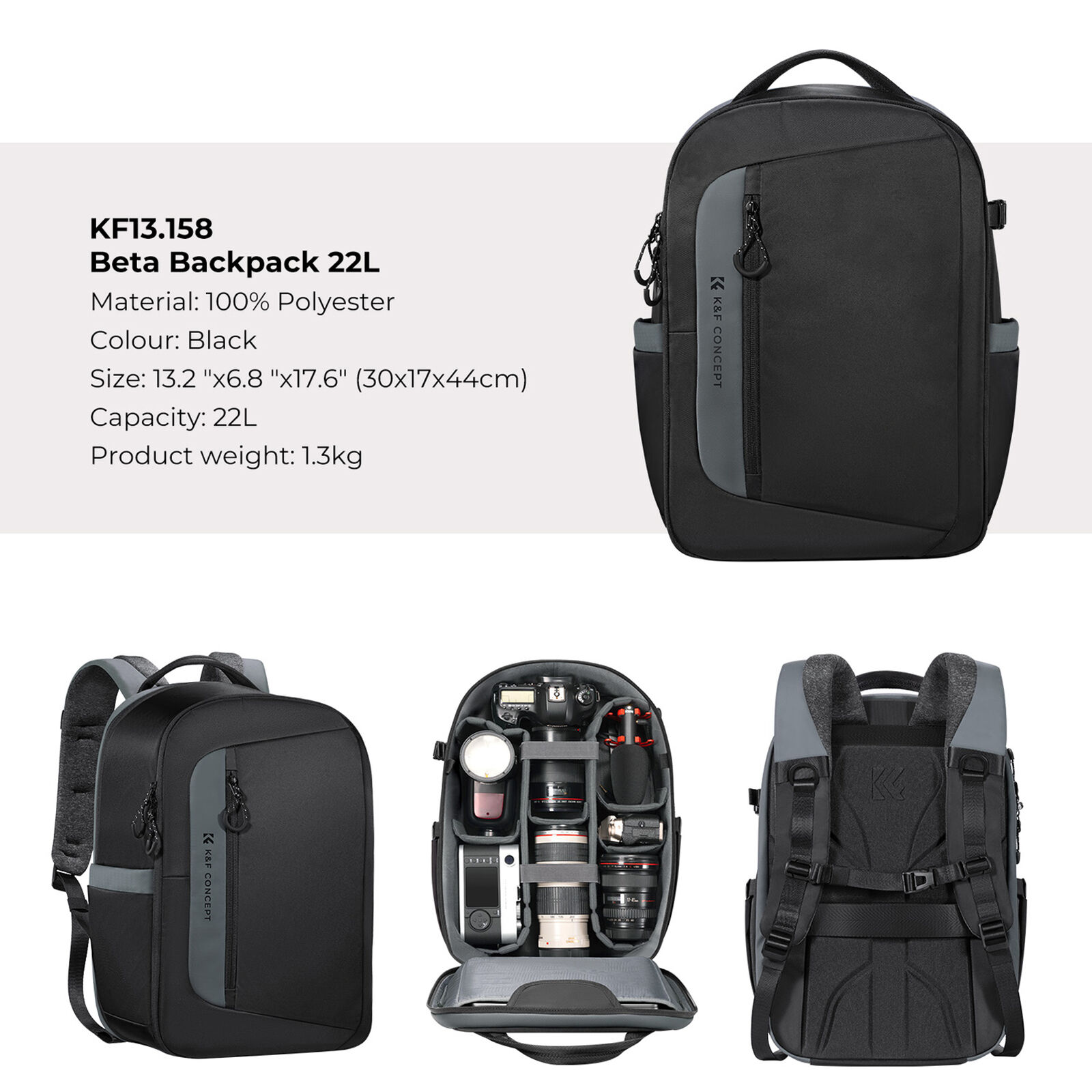 K&F Concept Beta Backpack 22L, fotós hátizsák, fekete