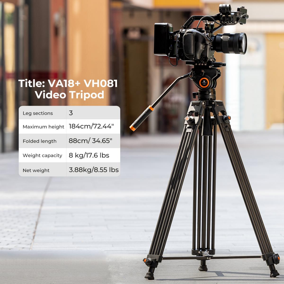 K&F Concept VA18 videóállvány, VH081 video-fluid Fej, 183cm maga